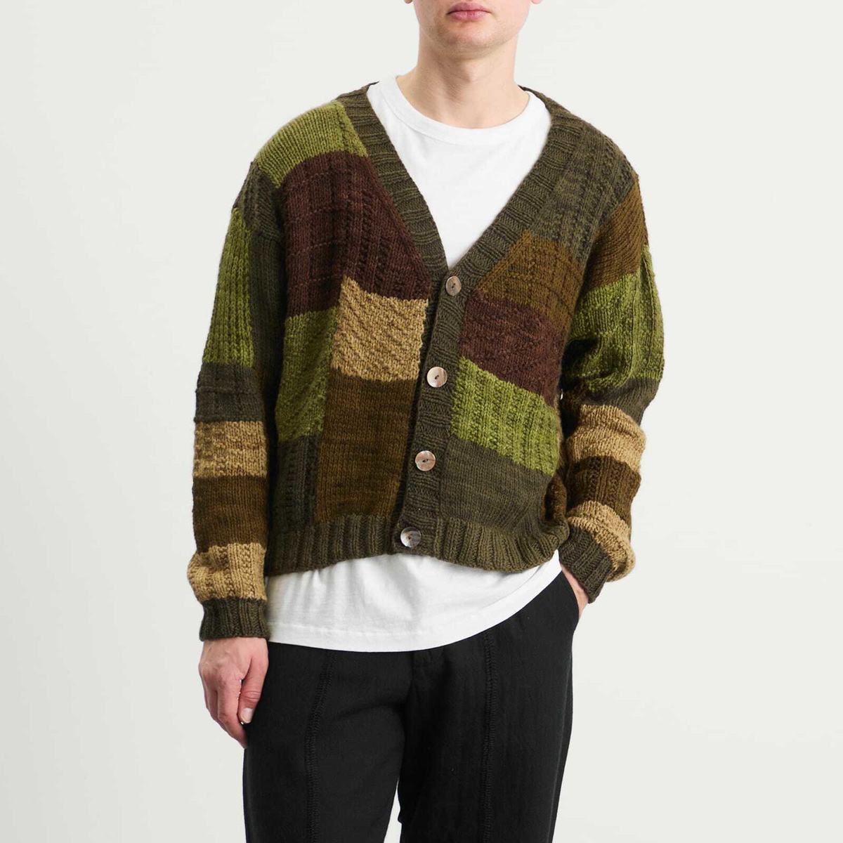Kartik Research Men's Patchwork Cardigan in Olive/Brown/Moss