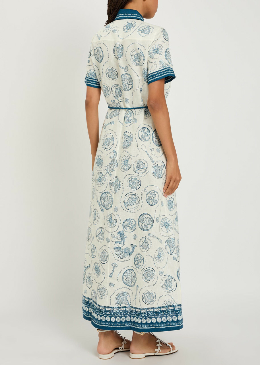 Alemais Lucky Printed Linen Midi Shirt Dress Ivory