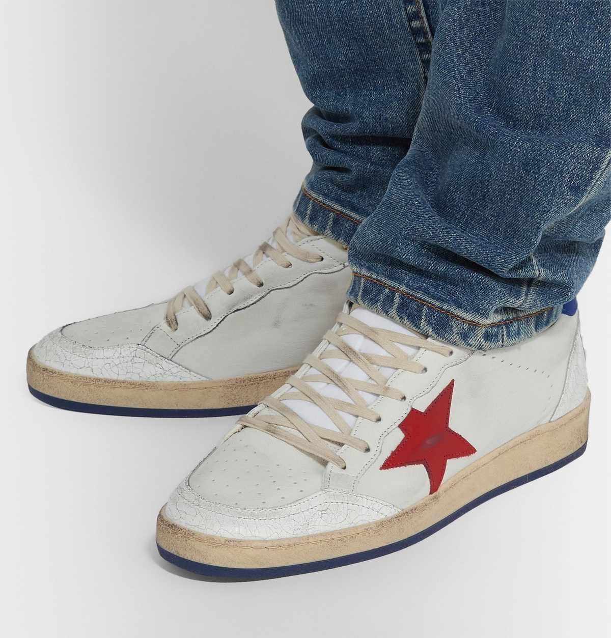 Golden Goose - Ball Star Distressed Leather Sneakers - White Golden ...