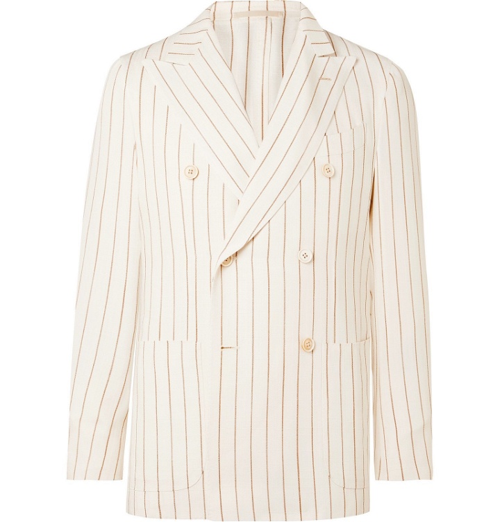 Photo: Odyssee - Ivory Monroe Unstructured Double-Breasted Striped Hopsack Suit Jacket - Neutrals
