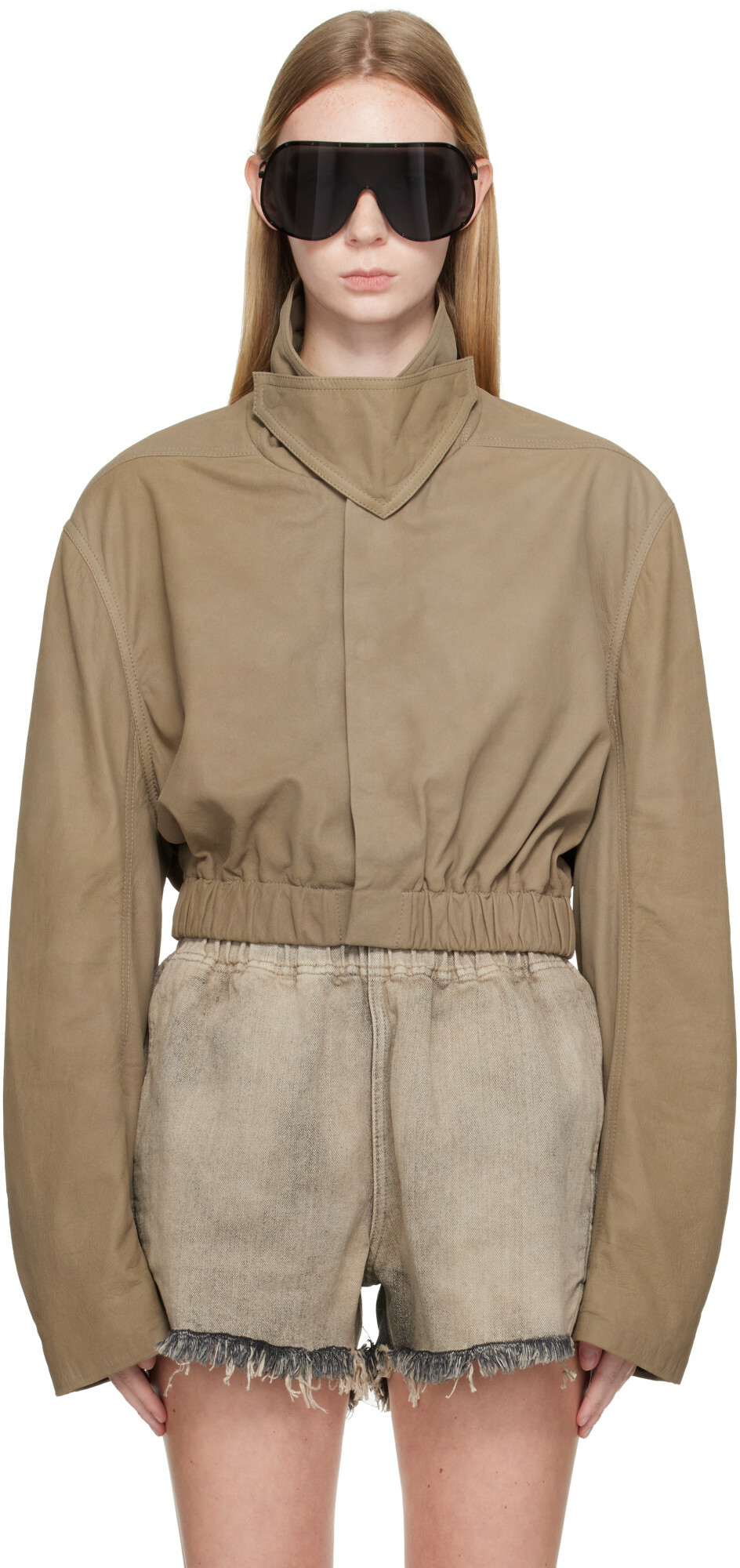 Rick Owens Taupe Tower Collared Mac Leather Jacket