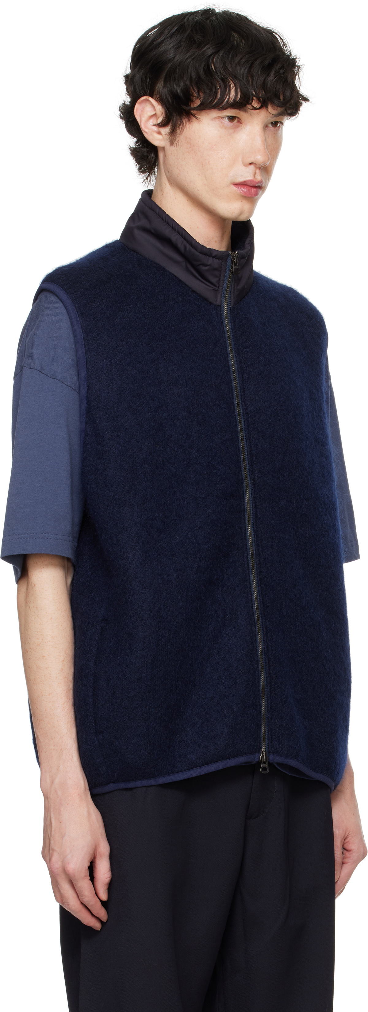 nanamica Navy Zip-Up Mohair Vest Nanamica