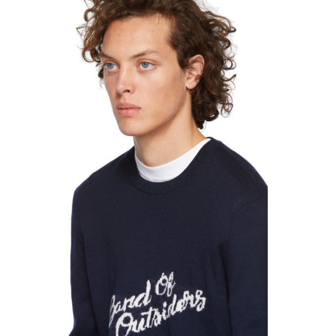 Band of Outsiders Navy Logo Merino Crewneck Sweater Band of Outsiders