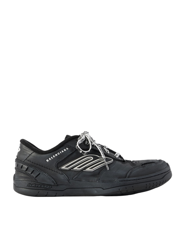 Photo: Balenciaga - Hamptons Logo-Appliquéd Distressed Leather Sneakers - Black