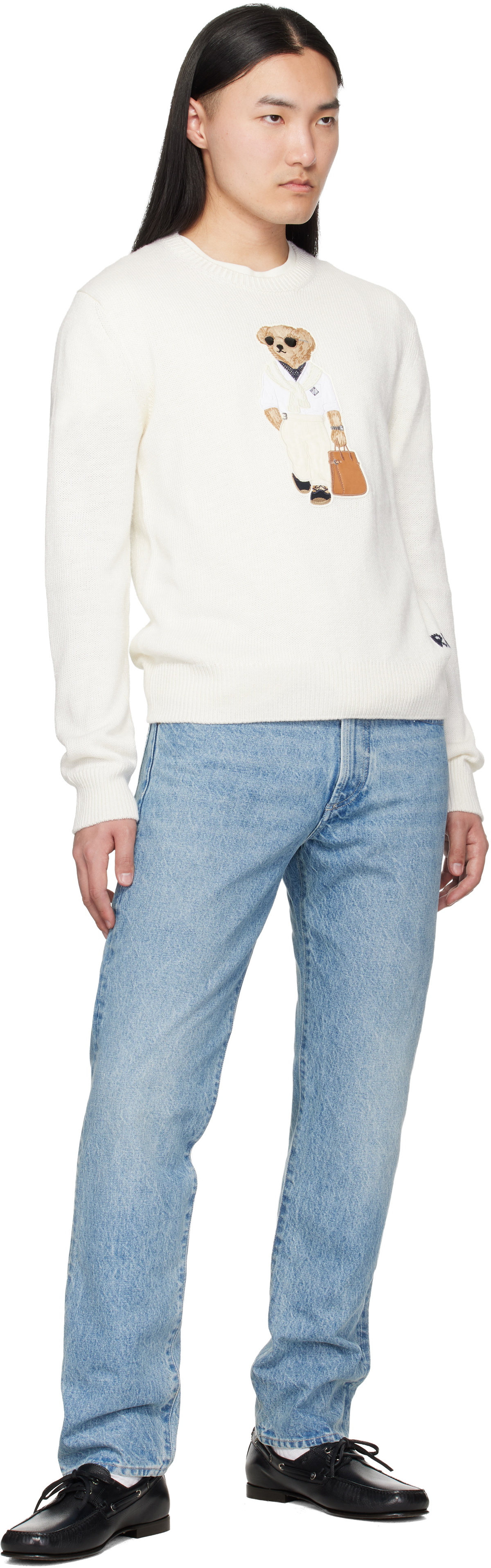 Ralph Lauren Purple Label White 'Polo Bear' Silk-Linen Sweater