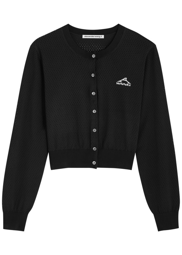 Photo: Alexanderwang.t Logo Cropped Perforated Jersey Cardigan Black