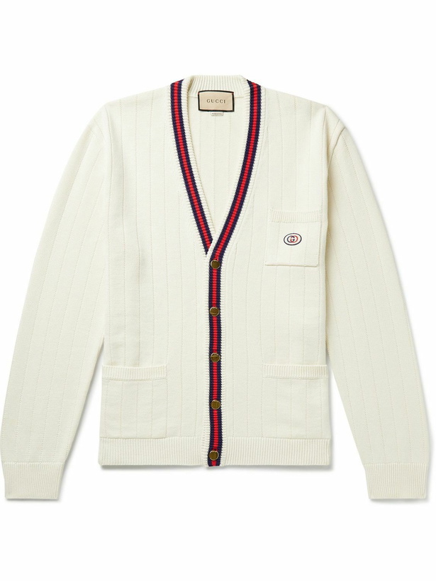 Photo: GUCCI - Logo-Appliquéd Striped Ribbed Cotton Cardigan - Neutrals