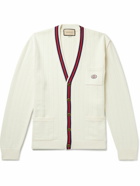 GUCCI - Logo-Appliquéd Striped Ribbed Cotton Cardigan - Neutrals