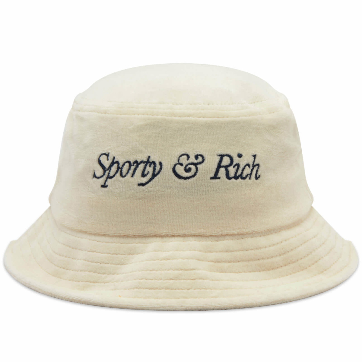 Photo: Sporty & Rich Italic Logo Velour Bucket Hat in Cream/Navy
