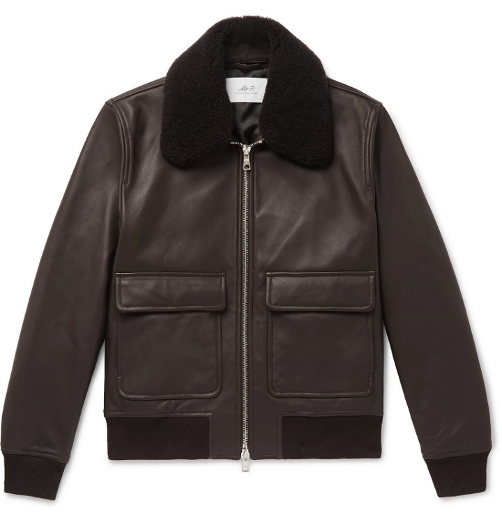 Photo: Mr P. - Shearling-Trimmed Leather Bomber Jacket - Brown
