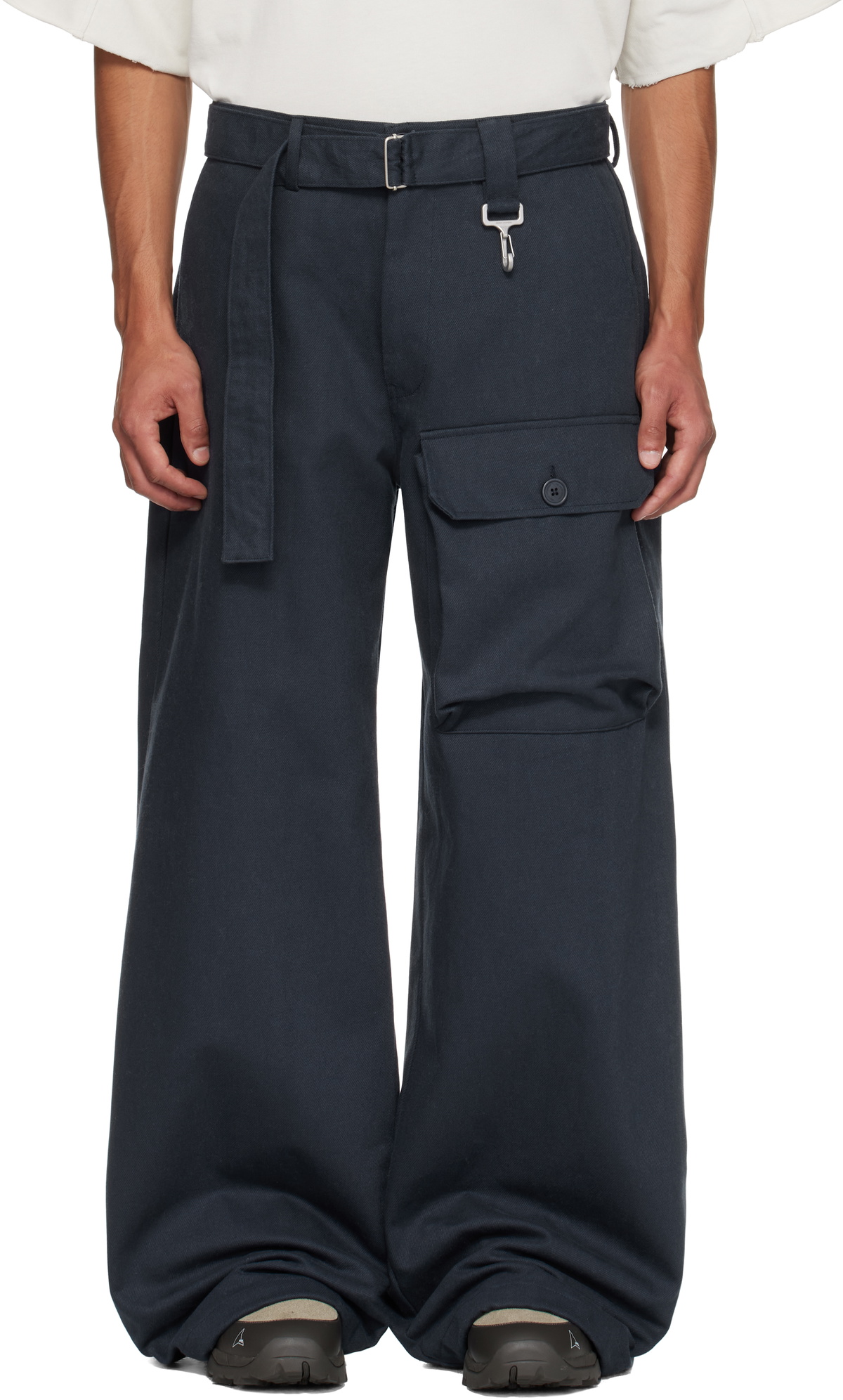 Reese Cooper Navy Cotton Twill Patch Pocket Belted Trousers