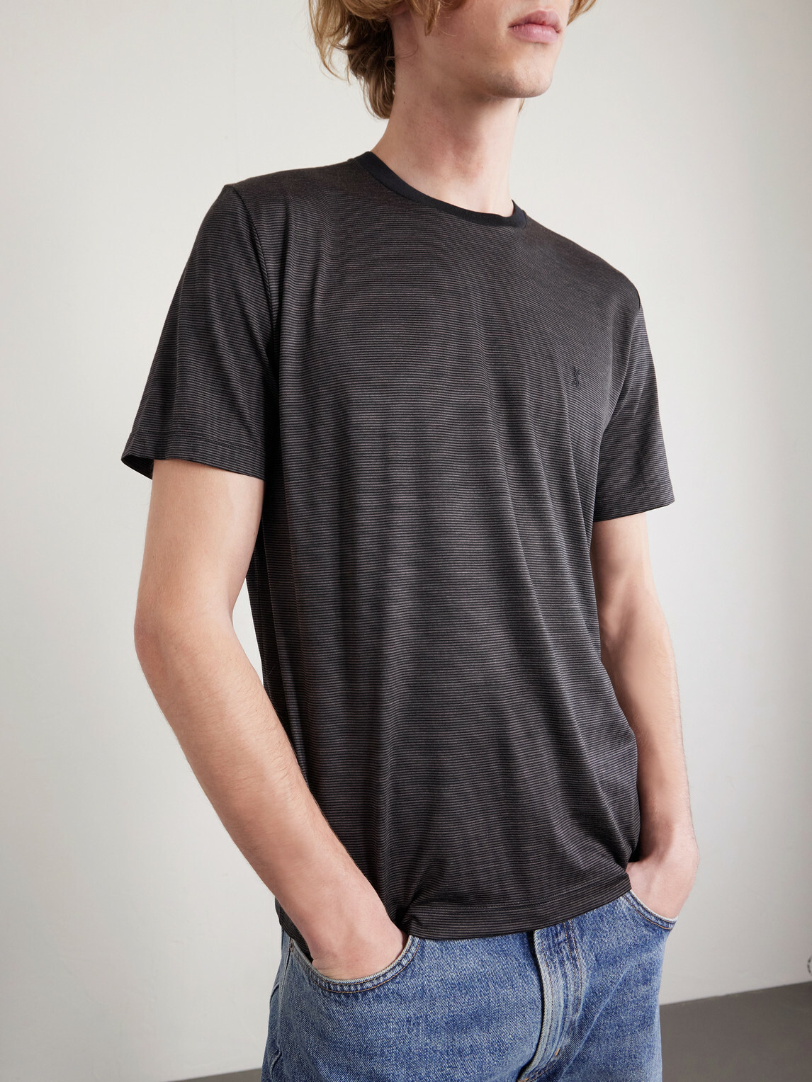 SAINT LAURENT - Logo-Embroidered Striped Cotton-Jersey T-Shirt - Black