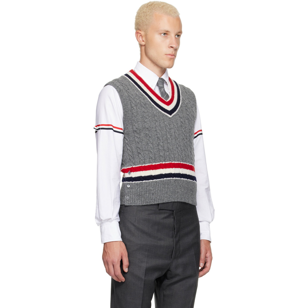 Thom Browne Gray Baby Cable V-Neck Cricket RWB Vest