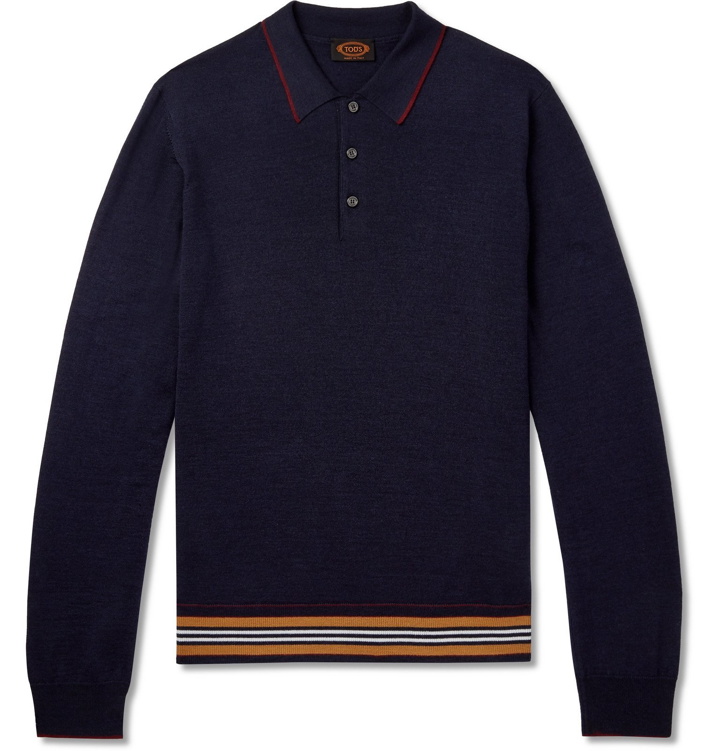 Photo: Tod's - Slim-Fit Striped Merino Wool and Silk-Blend Polo Shirt - Blue