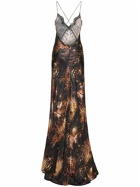 ROBERTO CAVALLI Printed Silk Twill Long Dress with Lace