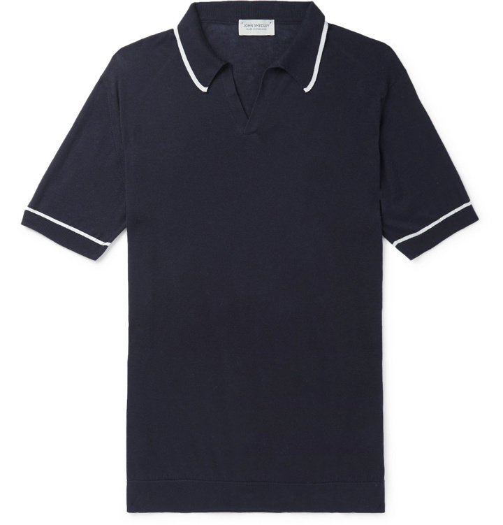 Photo: John Smedley - Saxon Slim-Fit Contrast-Tipped Sea Island Cotton Polo Shirt - Blue
