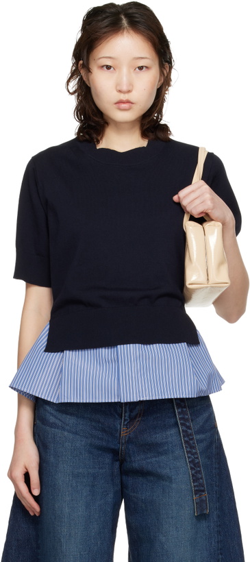 Photo: sacai Navy & Blue Poplin Cotton Knit Sweater