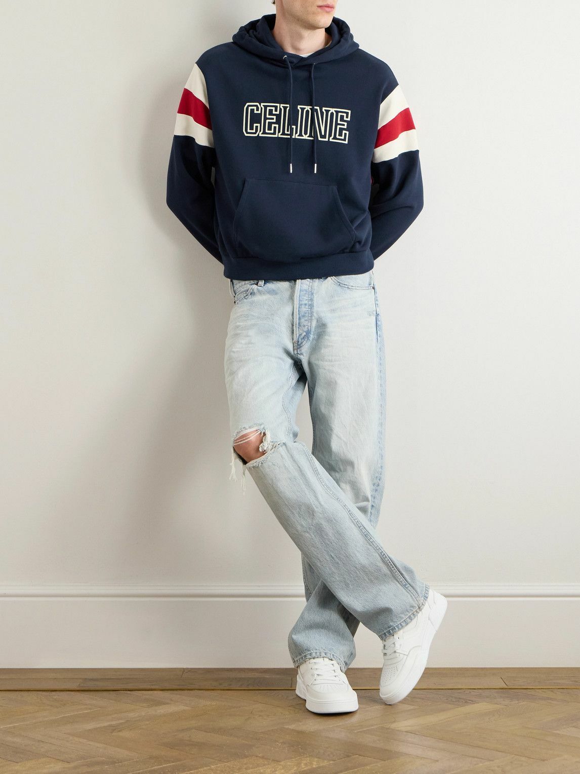 CELINE - Logo-Flocked Striped Cotton-Jersey Hoodie - Blue