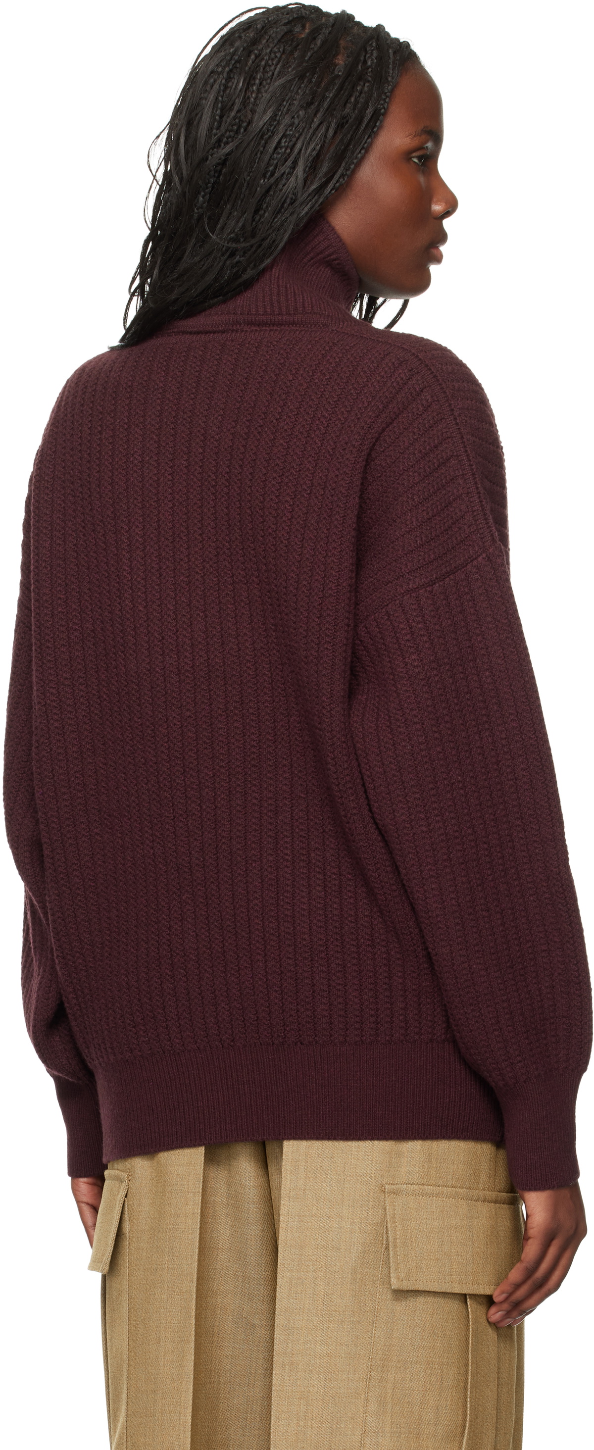 Victoria Beckham Burgundy Shawl Neck Knitted Sweater