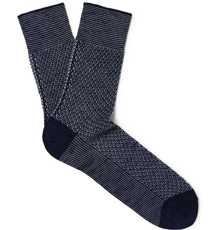 Photo: Falke - Sensitive Hook Mélange Mercerised Cotton-Blend Socks - Navy