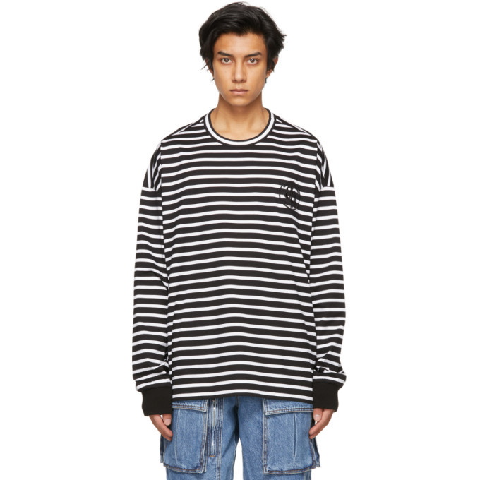 Photo: Juun.J Black and White Striped Embroidered Circle Logo Long Sleeve T-Shirt