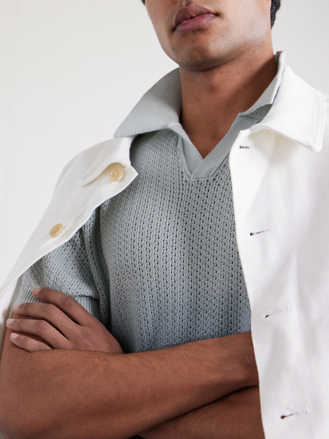 Mr P. - Open-Collar Knitted Organic Cotton Polo Shirt - Blue