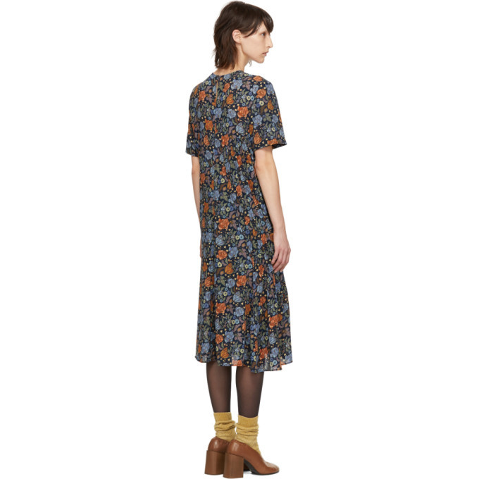 Acne Studios Navy Floral Pleats Dress