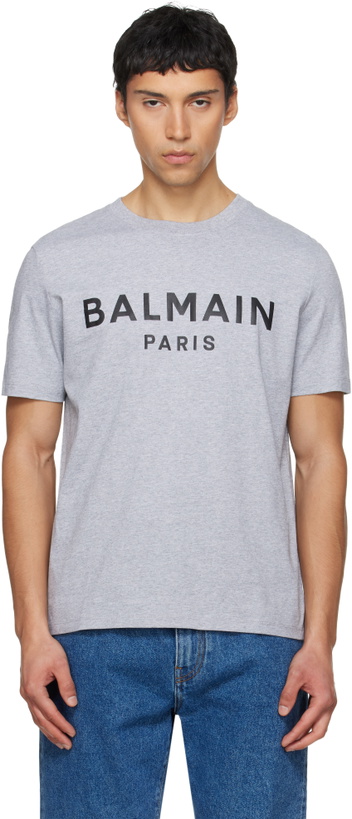 Photo: Balmain Gray Printed Cotton T-shirt