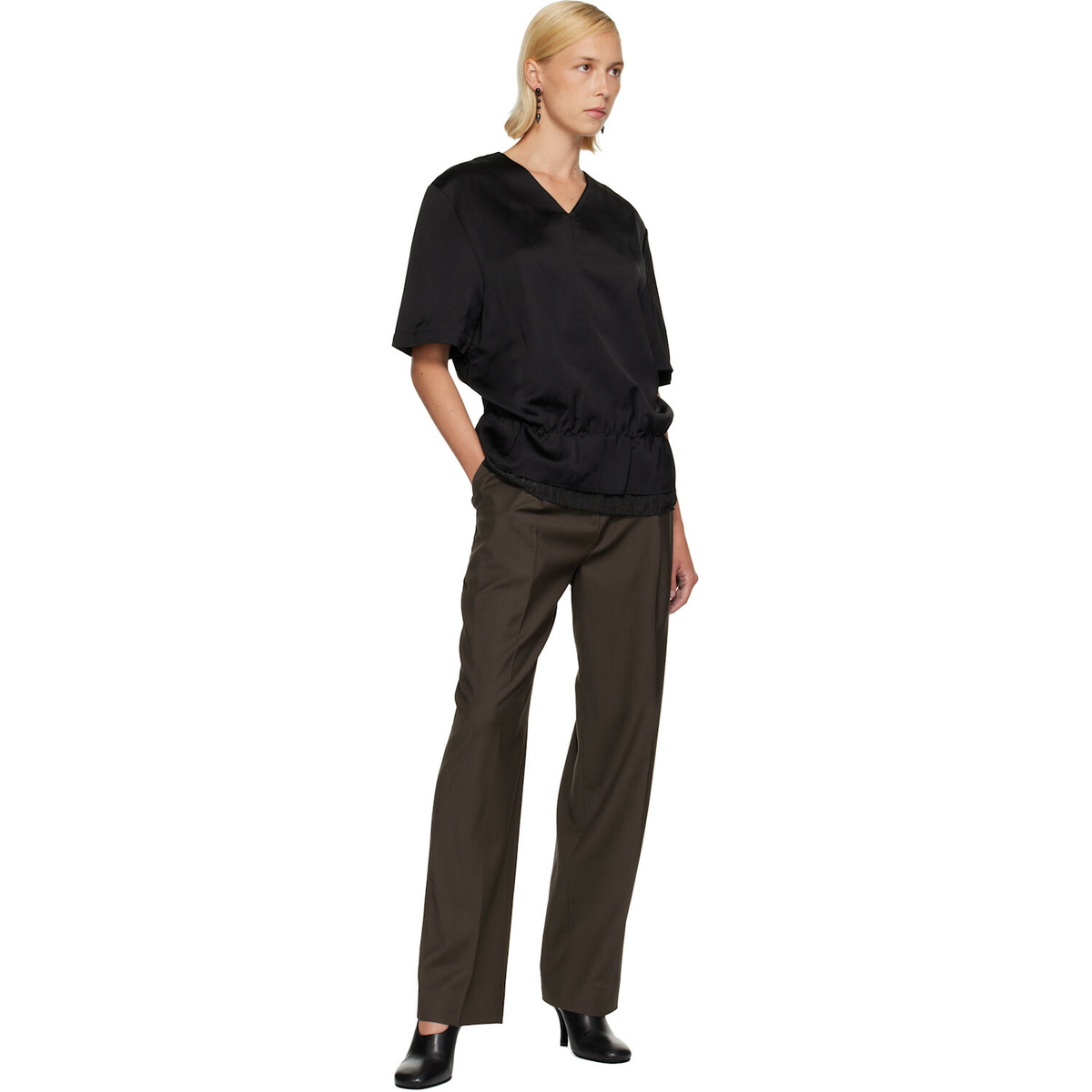 TOTEME Black V-Neck Satin Pullover Top