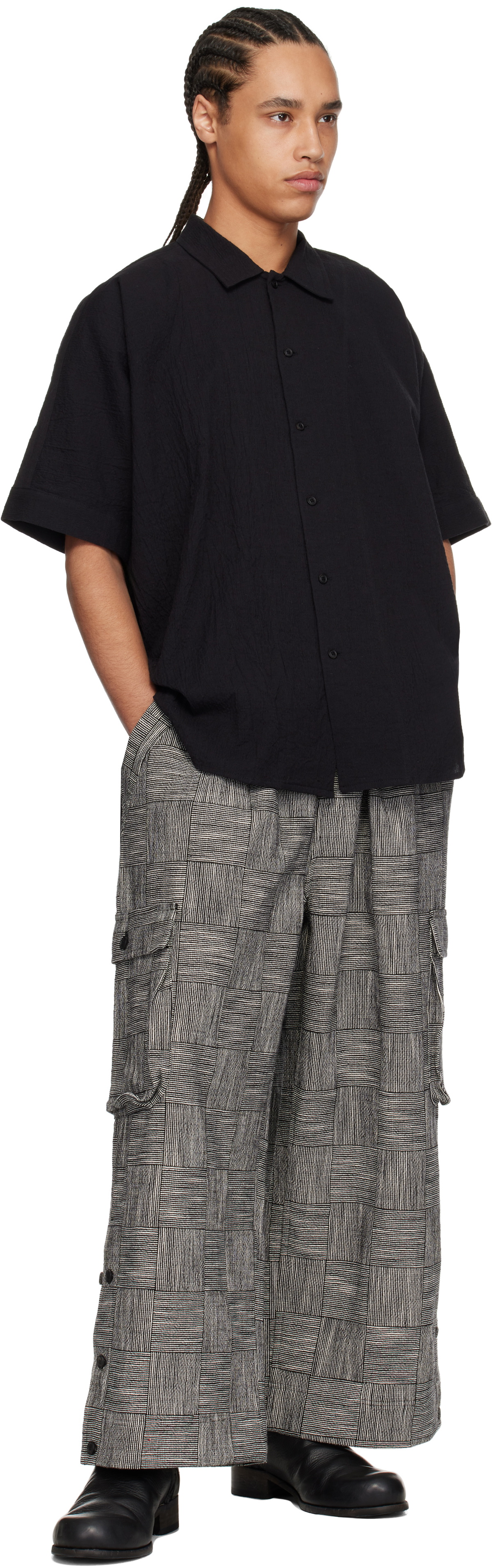 Jan-Jan Van Essche Black O-Project Cotton Linen Seersucker Short Sleeve Shirt