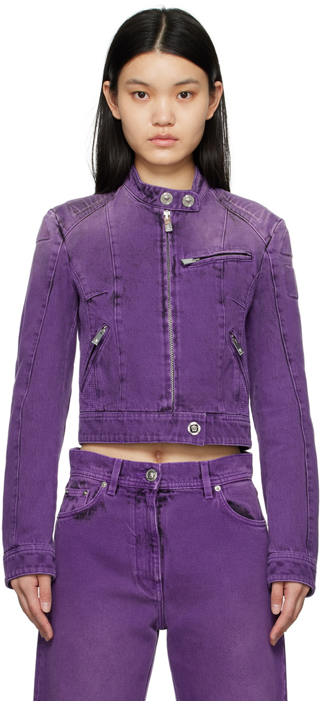 Versace Purple Medusa Denim Biker Jacket Versace