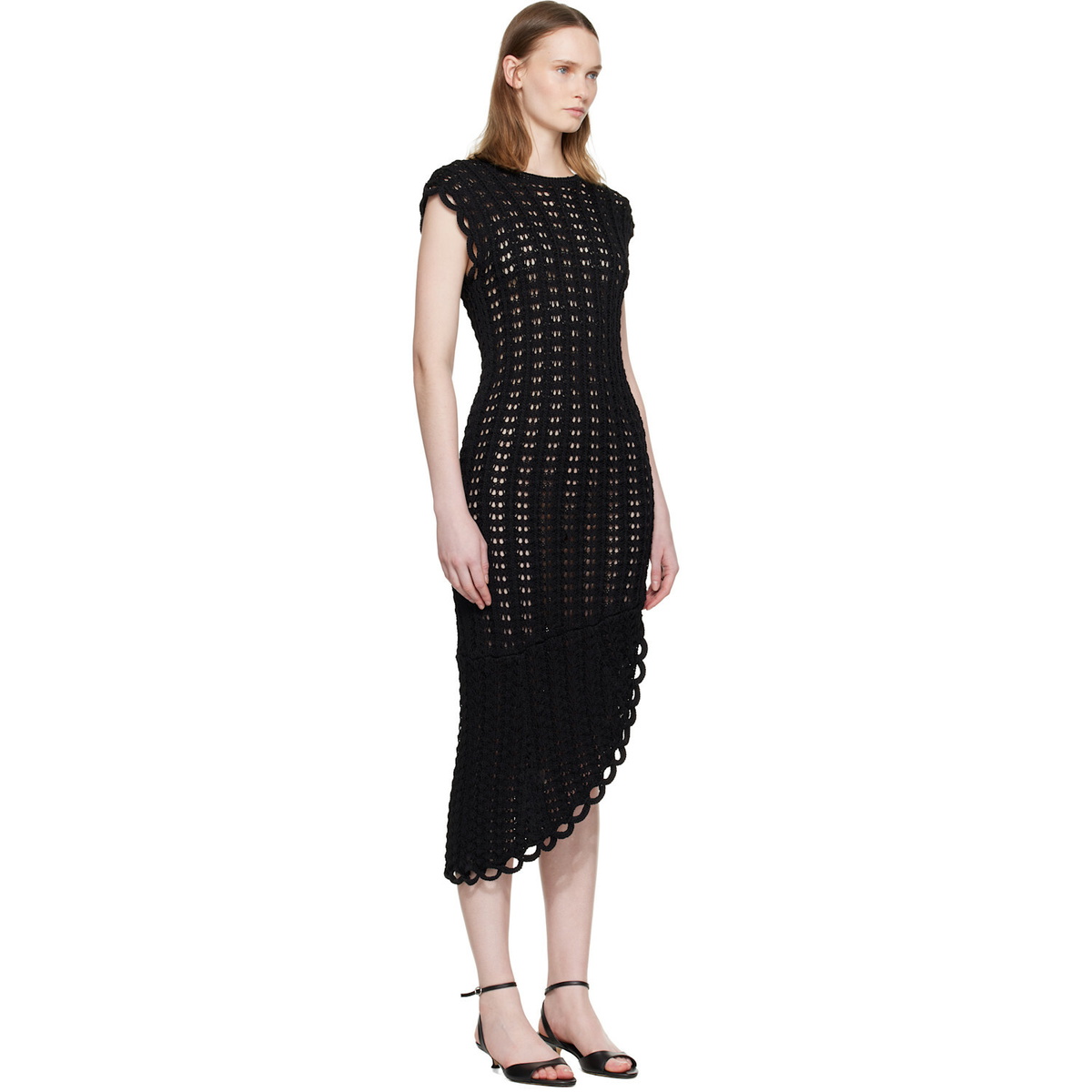 Loulou de Saison Black Malena Ruffled Crochet Midi Dress