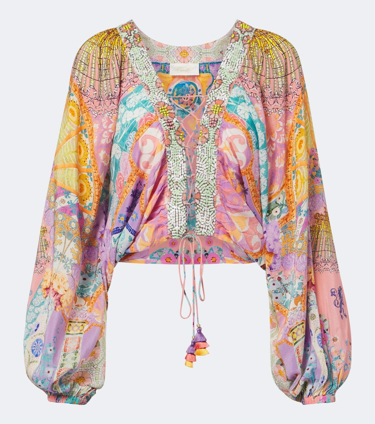 Camilla Embellished lace-up silk blouse