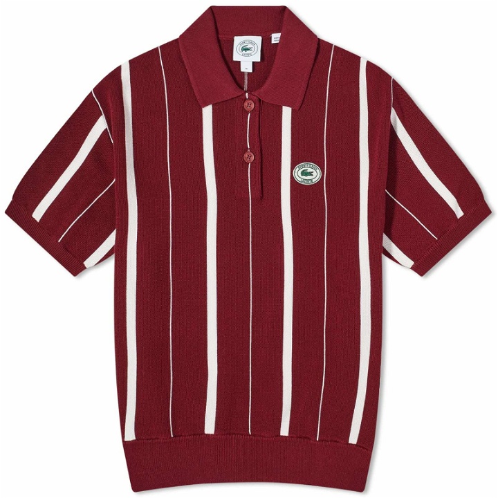 Photo: Sporty & Rich x Lacoste Striped Knitted Polo Shirt in Pinot/Farine