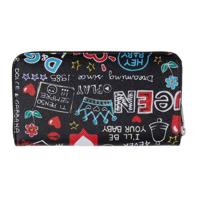 Dolce and Gabbana Black Graffiti Print Zip Around Wallet Dolce