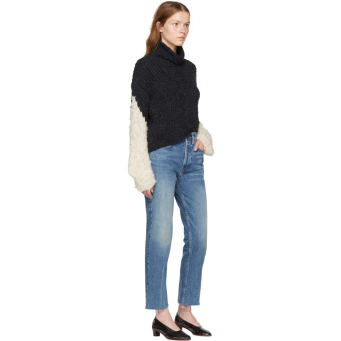 Wendelborn Black and Beige Oversized Chevron Sleeve Turtleneck