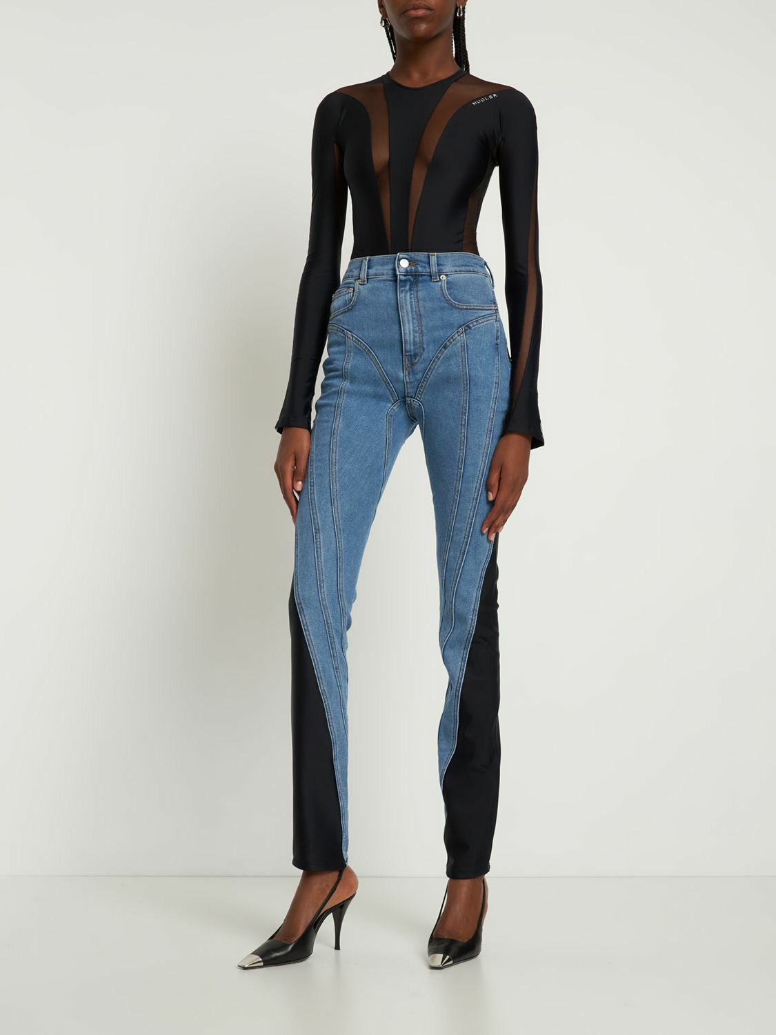 MUGLER - Contrast Denim & Jersey Skinny Jeans Mugler