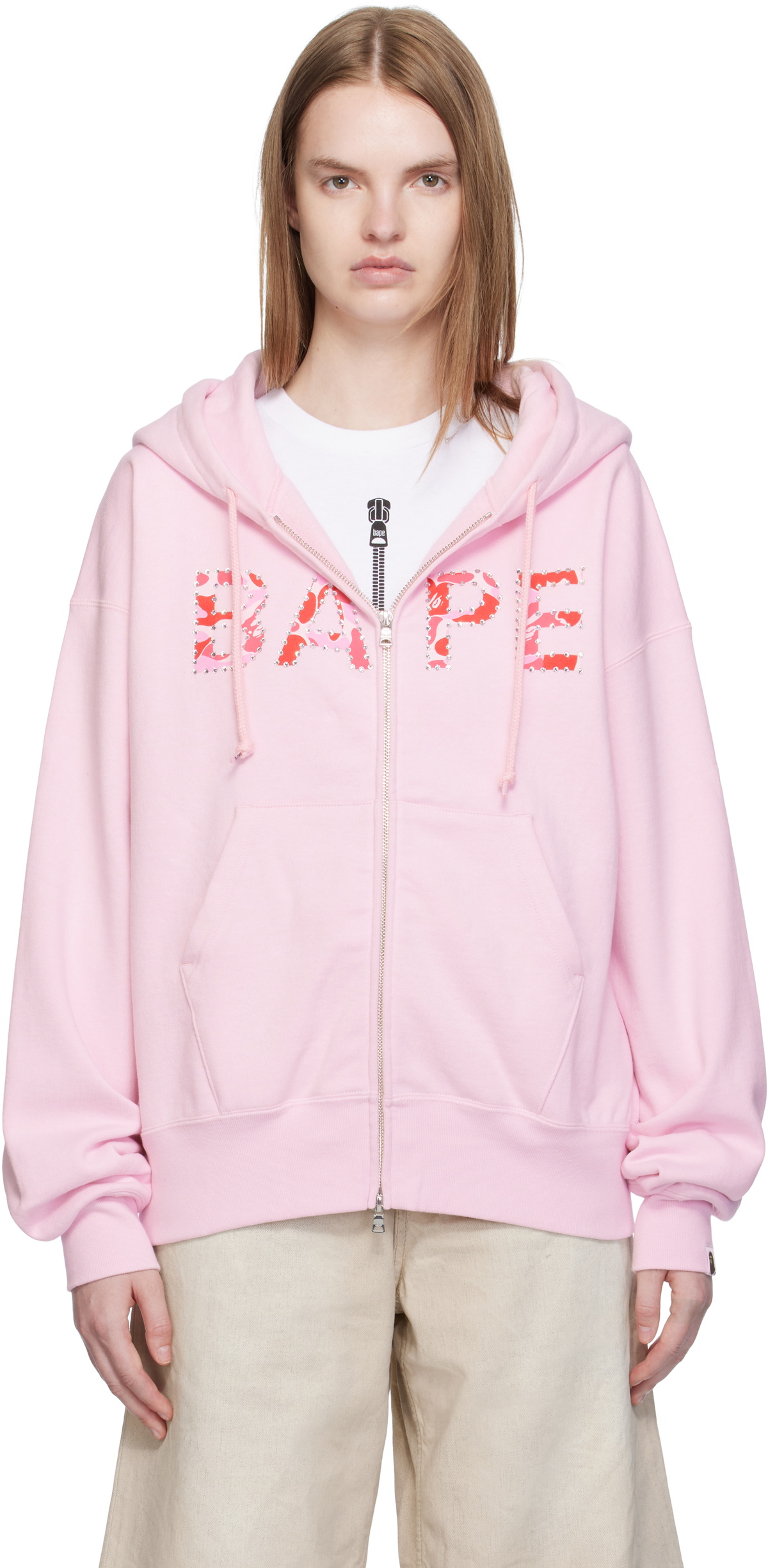 BAPE Pink ABC Camo Crystal Logo Wide Zip Hoodie