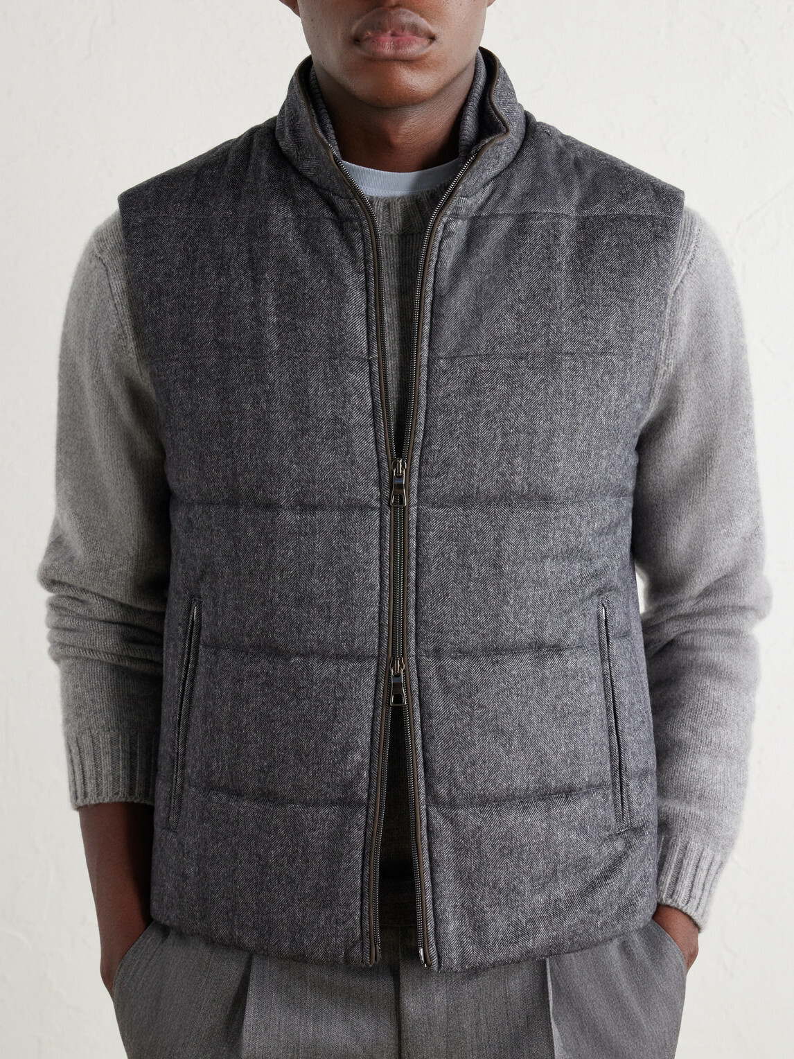 N.PEAL - Belgravia Quilted Herringbone Woven Wool, Silk and Cashmere-Blend Twill Gilet - Gray