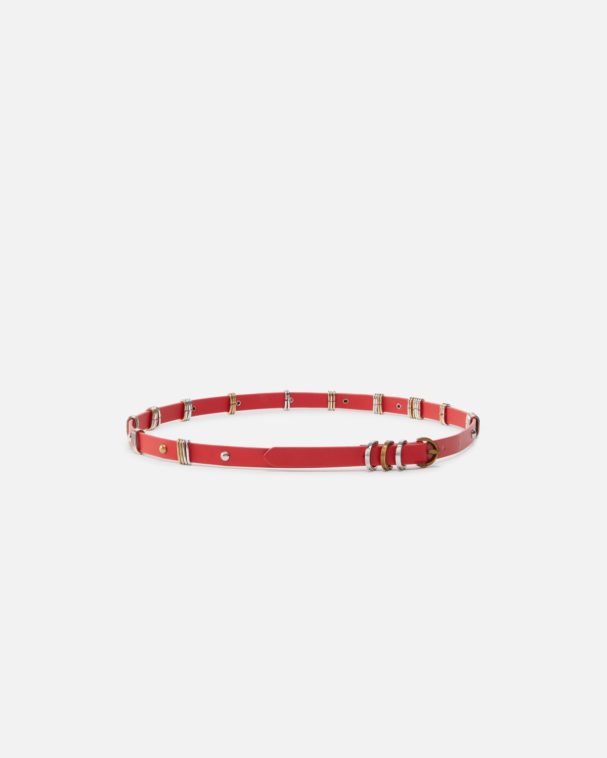 Pinko Thin Leather Belt With Metal Rings 1.5cm Red Mix Gal. Gold Nikel