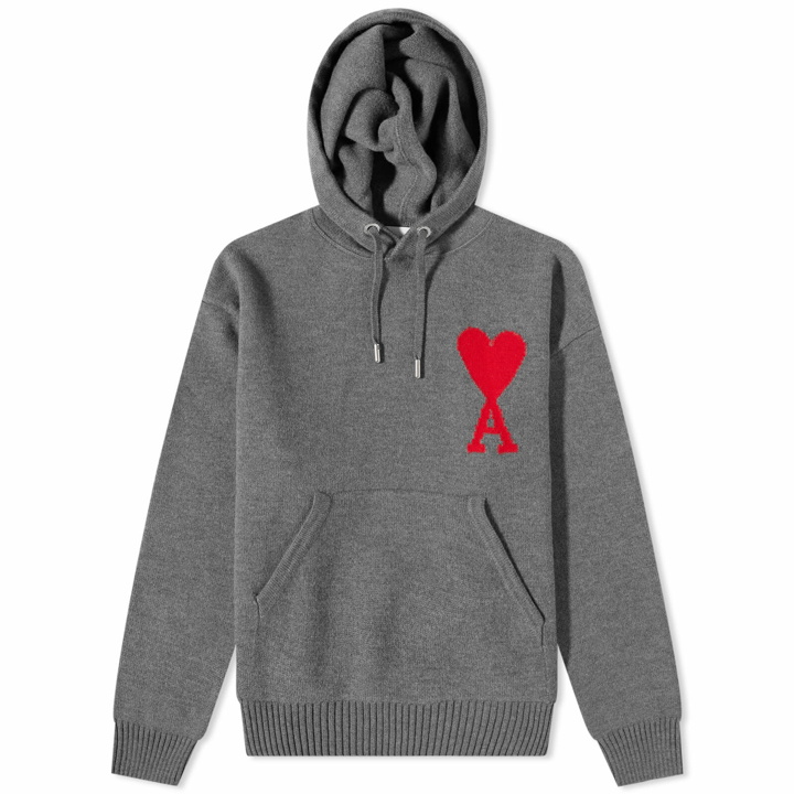 Photo: AMI Men's A Heart Knitted Popover Hoody in Heather Grey/Red