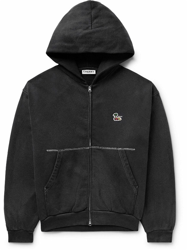 Photo: CHERRY LA - Logo-Appliquéd Garment-Dyed Cotton-Jersey Zip-Up Hoodie - Black