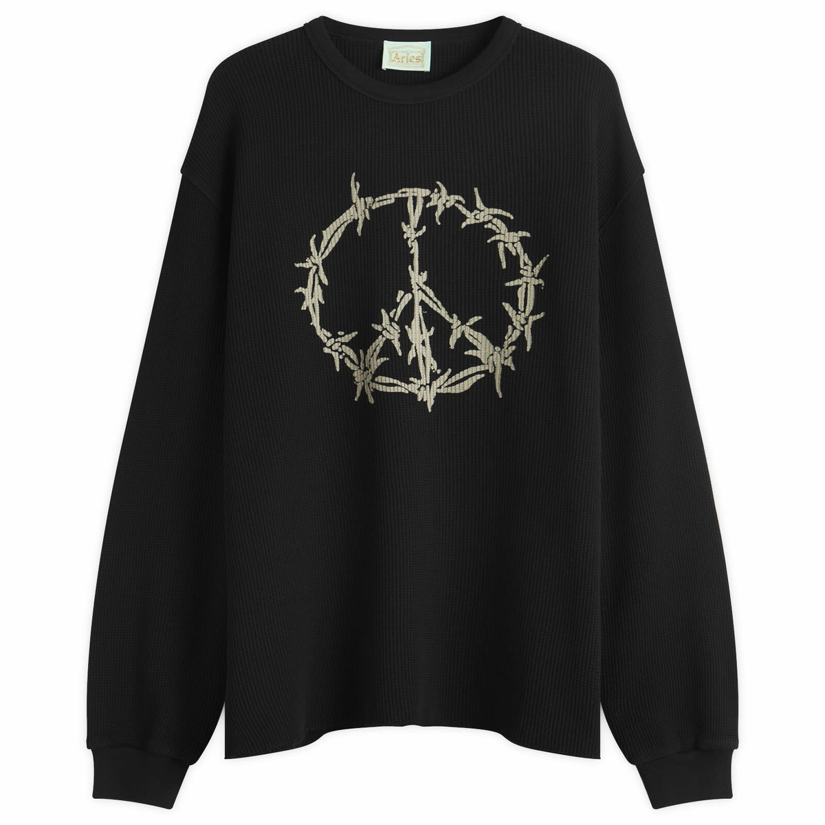 Aries Men's Peace Press Gothic Waffle Long Sleeve T-Shirt in Black