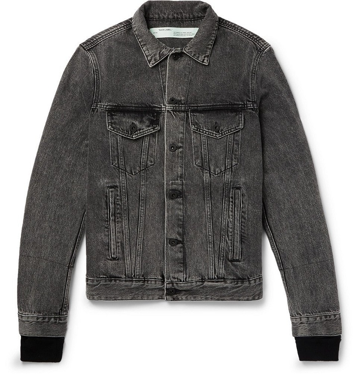 Photo: Off-White - Slim-Fit Panelled Denim and Printed Cotton-Jersey Jacket - Men - Black