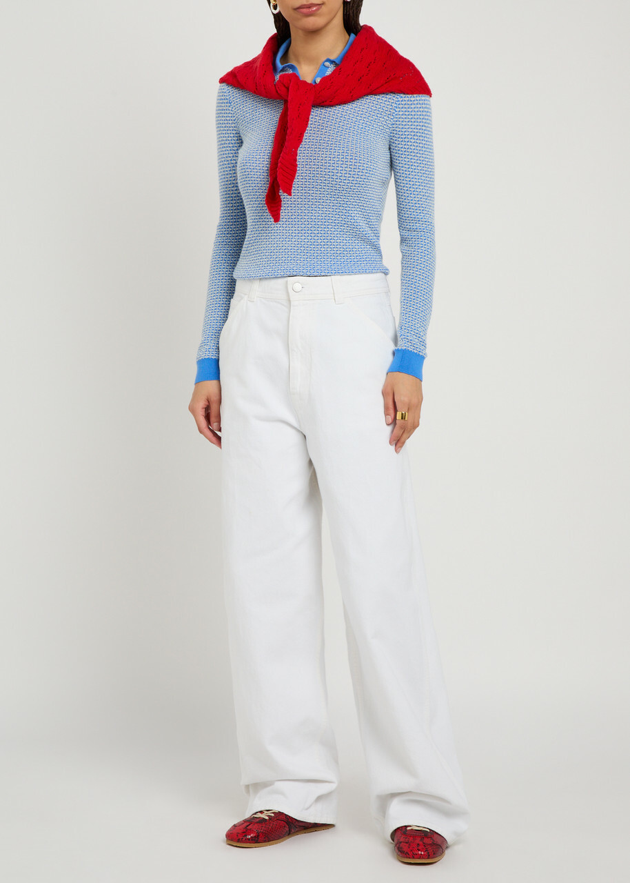 Guest In Residence Shrunken Patterned Cashmere Polo top Light Blue