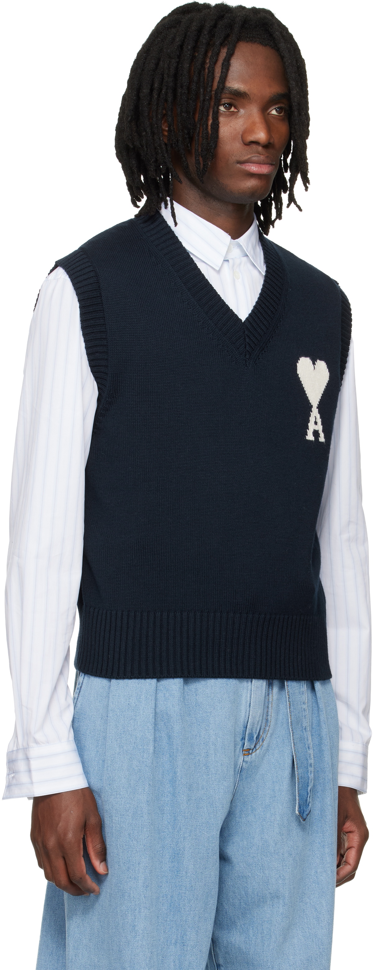 AMI Paris Navy Wool Cotton Sleeveless Ami de Coeur Sweater