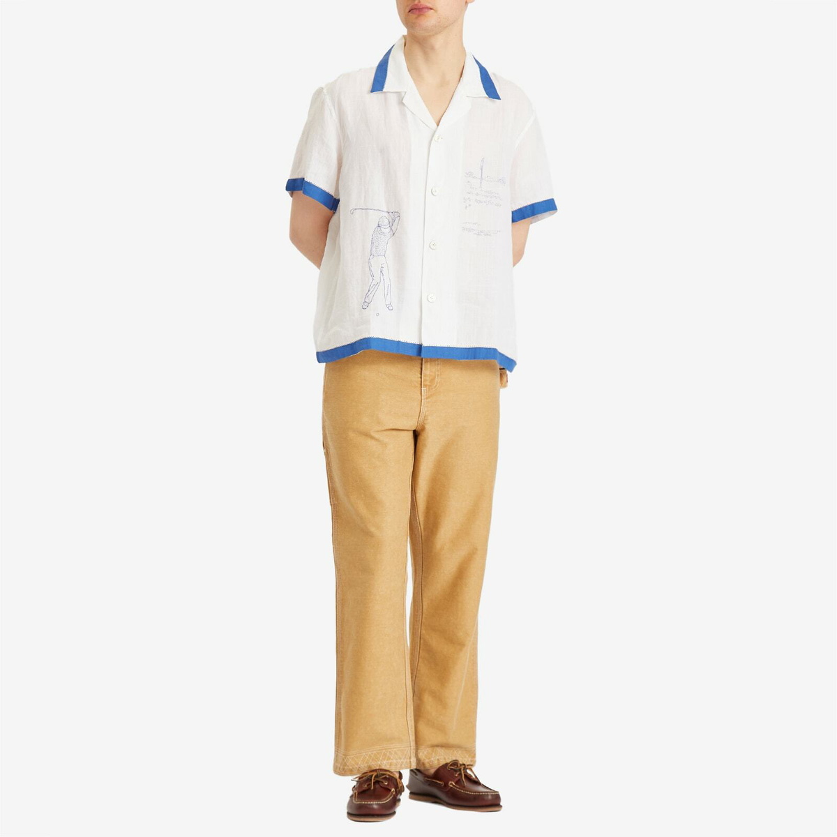 BODE Men's Club Champion Short Sleeve Shirt in White Blue