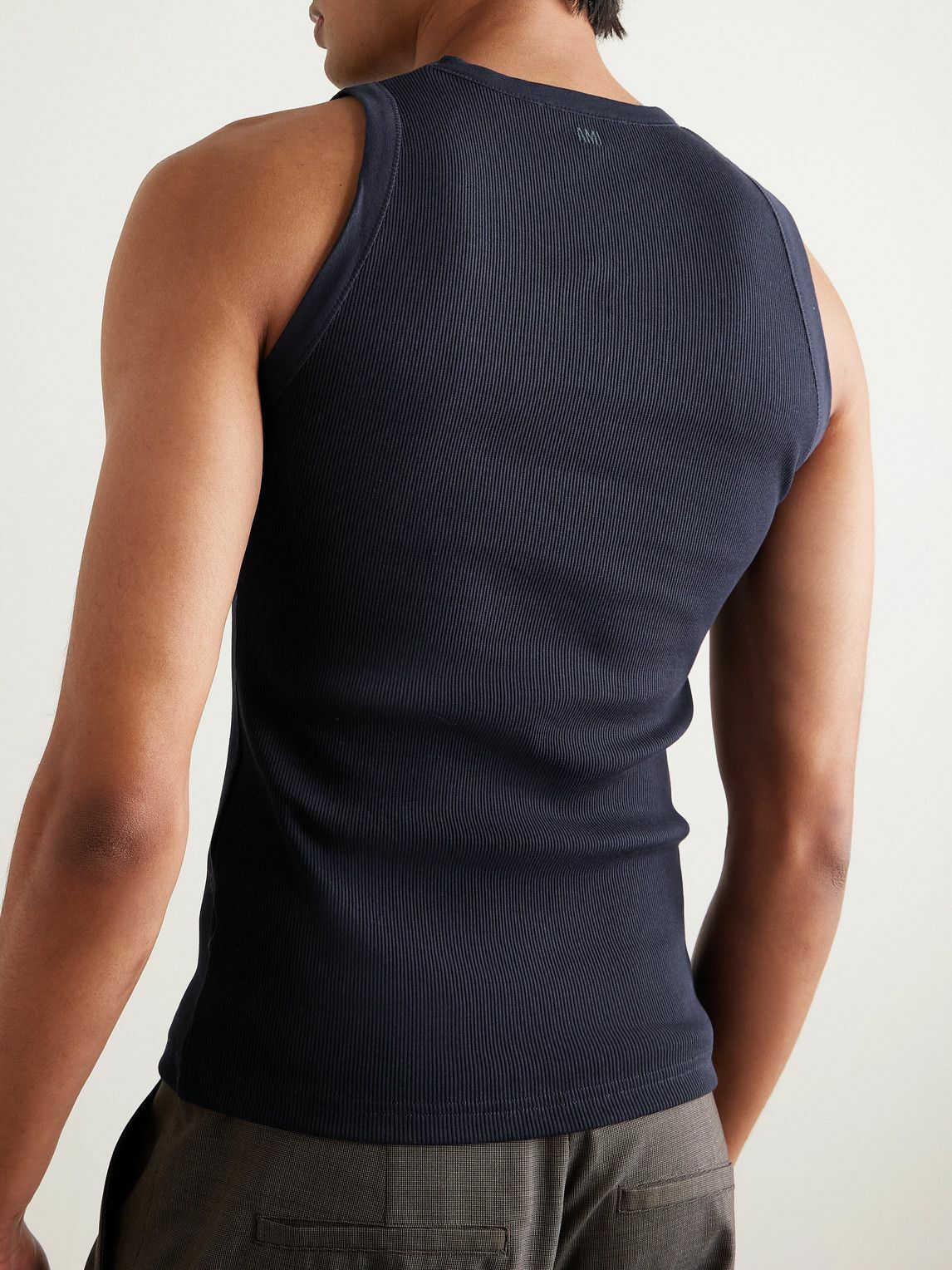 AMI PARIS - ADC Logo-Embroidered Ribbed Stretch Organic Cotton Tank Top - Blue