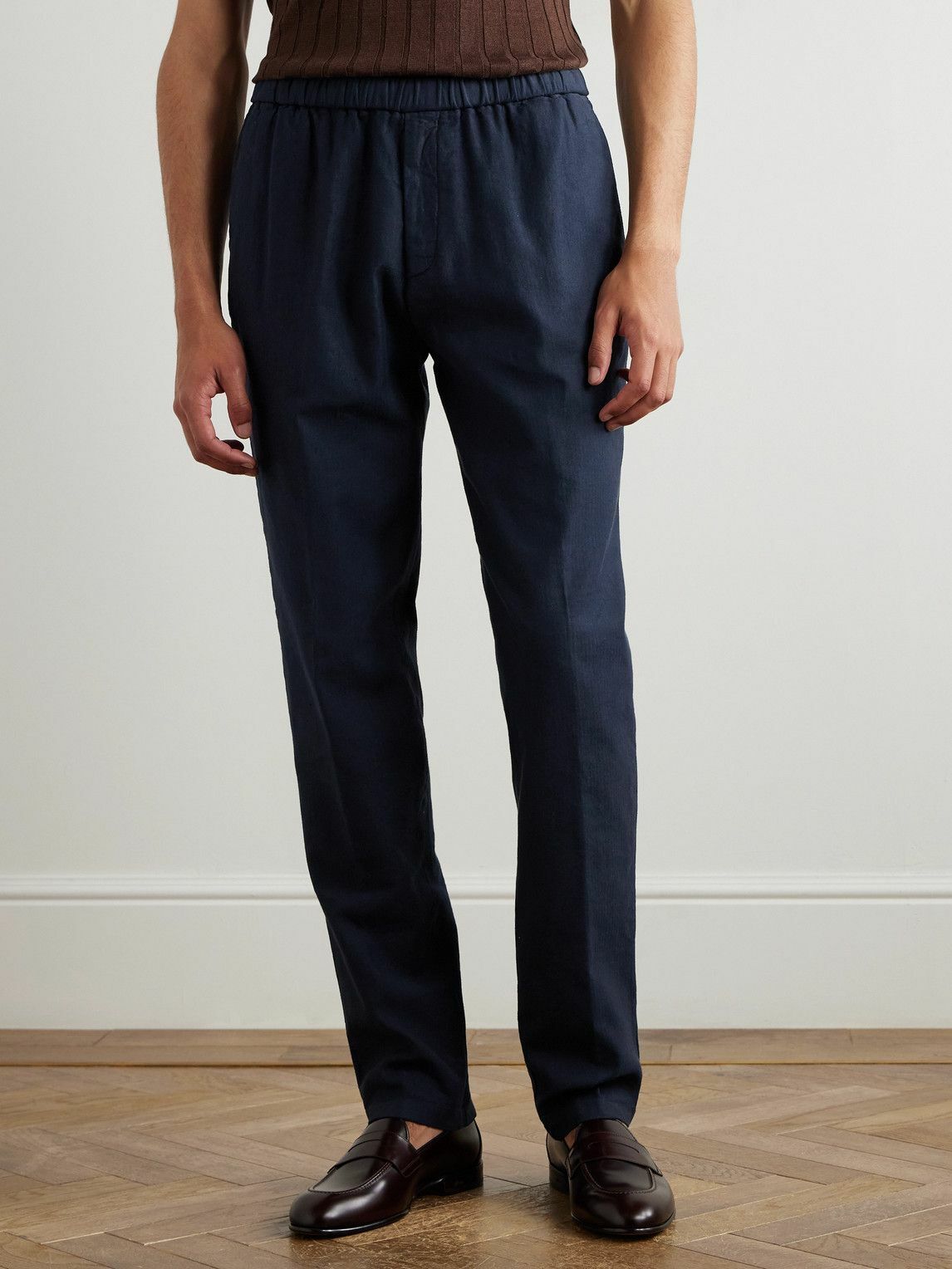 Boglioli - Tapered Herringbone Stretch Linen and Cotton-Blend Trousers - Blue