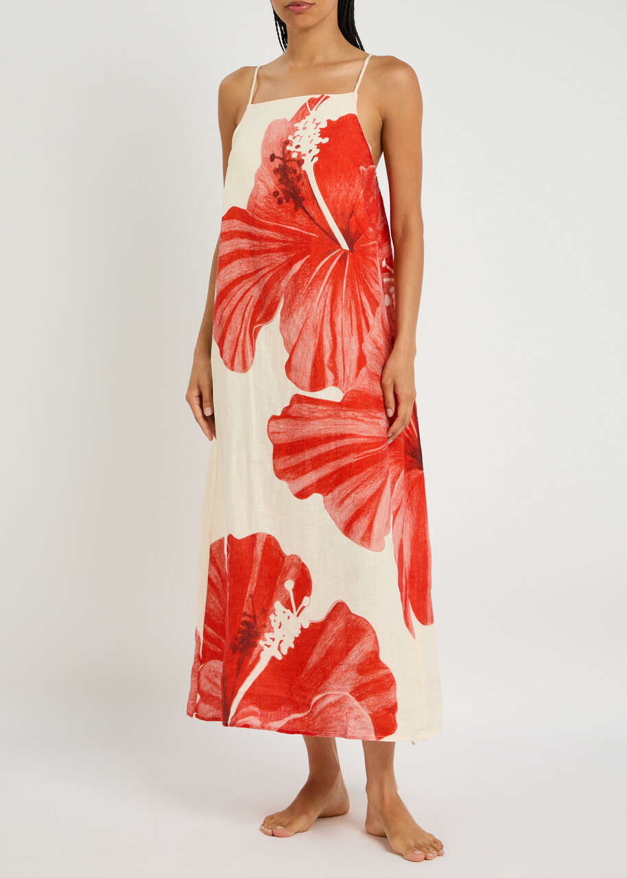 Desmond & Dempsey Floral-printed Linen Night Dress Red